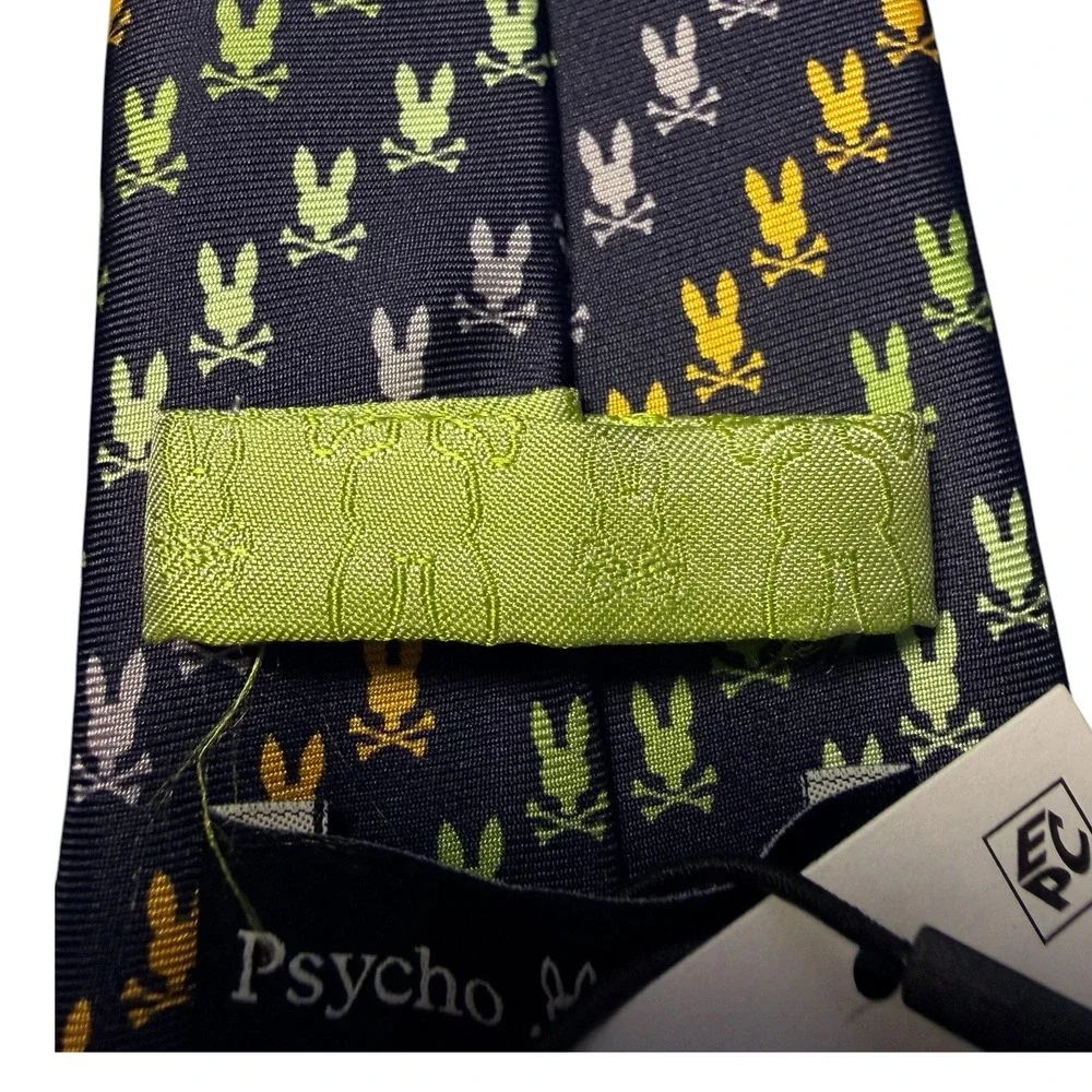 Psycho Bunny Mens 100% Silk Tie Navy Blue and Multi Color Logo Print